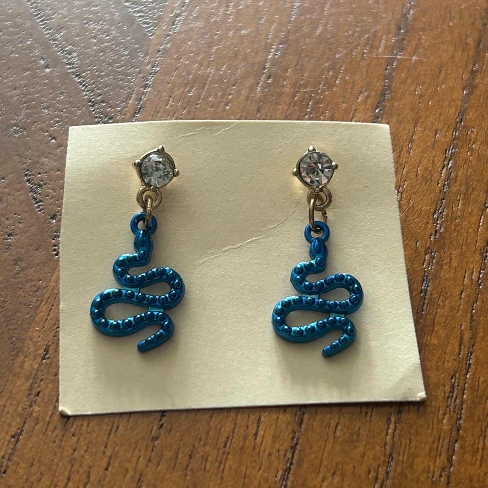 Bright Blue Sparkly Dangly Snake Earrings